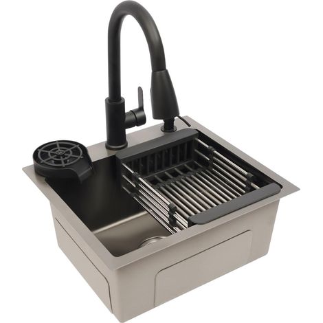Evier Cuisine, 45 x 40 cm évier de Cuisine en Acier Inoxydable évier Intégré le Robinet Extractible 360° avec évier + Panier de Drainage + Distributeur de Savon pour cuisines, restaurants, cafés, bars (1/5)