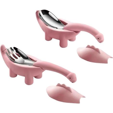 Ensemble de couverts pour bébé en acier inoxydable rose, composé d'une cuillère et d'une fourchette en forme de dinosaure, motif dessin animé, pour enfants. (1/5)