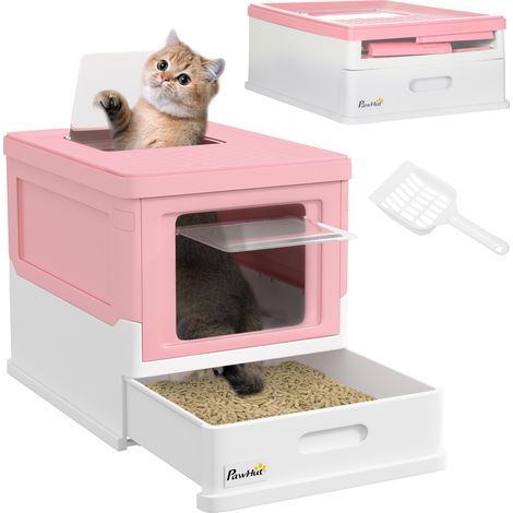 Bac à litière pour chat en polypropylène à 2 portes, fermé, avec pelle et plateau amovible, 47,5 x 35,5 x 36,7 cm, rose et blanc (1/5)