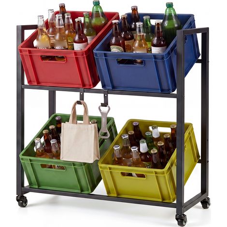 Étagère Mobile pour Casiers à Boissons à 2 Niveaux, Inclinaison Réglable, 4 Roulettes Universelles, Crochets Pratiques, pour Bière, 72 x 32 x 89,5 cm (1/5)
