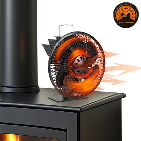 Jiubiaz Ventilador para estufa de leña de 6 aspas con rejilla de protección y termómetro, negro (1/5)
