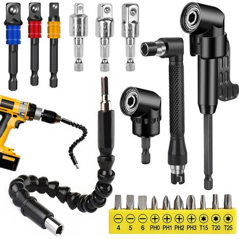 Lot de 20 embouts de visseuse d'angle 105° avec rallonge, visseuse angulaire, adaptateur, adaptateur de douille, visseuse sans fil pour perceuse d'angle électrique (1/5)