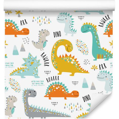 Carta da parati con dinosauri colorati, montagne e natura per soggiorno e camera da letto, 50x1000 cm (1/5)