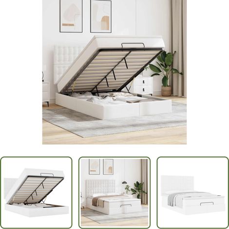 Sommier hydraulique - Cadre de lit ottoman avec matelas blanc 140x190 cm similicuir (1/5)