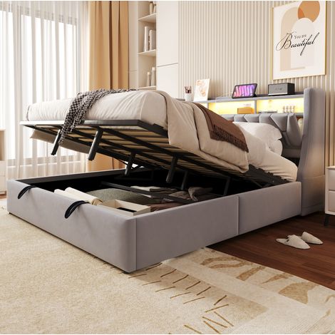 CHICFURN Letto matrimoniale 180x200 cm velluto grigio chiaro con contenitore e LED, senza materasso (1/5)
