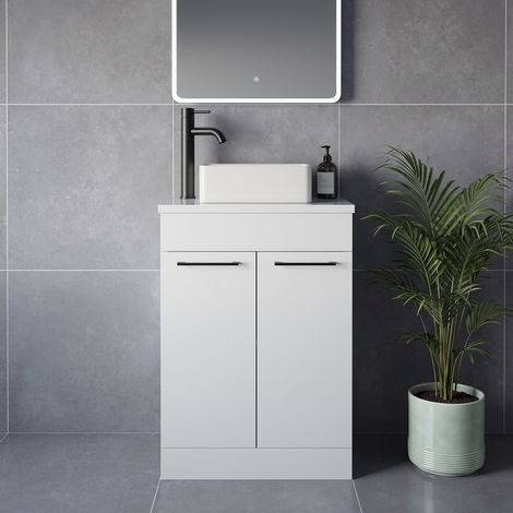 Napoli 390 Gloss White 600mm 2 Door Vanity Unit for Countertop Basins - 600mm - Matt Black 160mm Handle