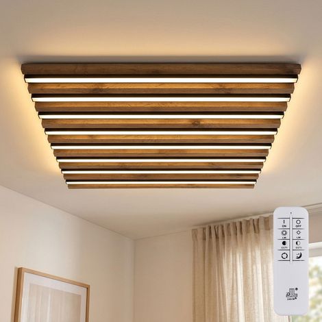 Deckenlampe Deckenleuchte Holzleuchte dimmbar Fernbedienung braun LED L 60 cm (1/5)