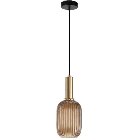 Lampe suspendue moderne, suspension en verre ambré avec douille de suspension en cuivre doré (1/5)