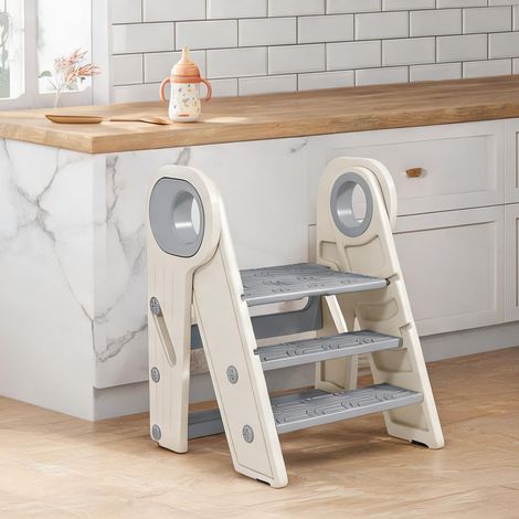 Marchepied enfant 3 marches gris en plastique pliable réglable (1/5)