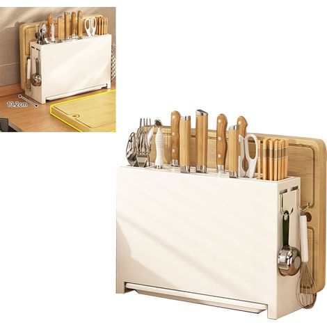 Weißer Messer- und Essstäbchenhalter, Schneidebrett, integrierter magnetischer Abtropfkorb, für Zuhause (1/5)
