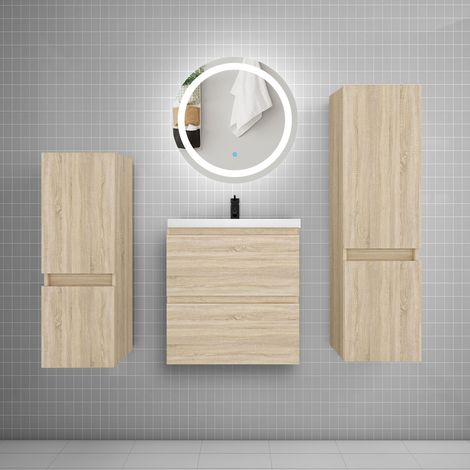 Ensemble meuble vasque L.50cm 2 tiroirs + lavabo + LED miroir 60cm + 2colonne,chêne C (1/5)