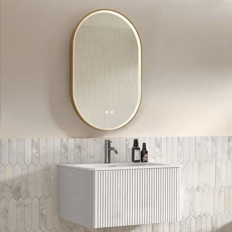 Conjunto de muebles de baño con espejo, mueble de lavabo de 80 cm con armario bajo, premontado, armario a rayas con un cajón, blanco, espejo ovalado de 50 × 80 cm con pedrería y marco dorado cepillado (1/5)