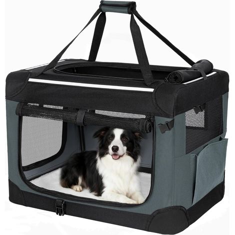 Sac de Transport pour Chien Pliable, Cage de Transport Chien Respirant et Portable 3 Portes, Bandes Réfléchissantes et Poche de Rangement, Usage Intérieur et Extérieur, Gris (1/5)