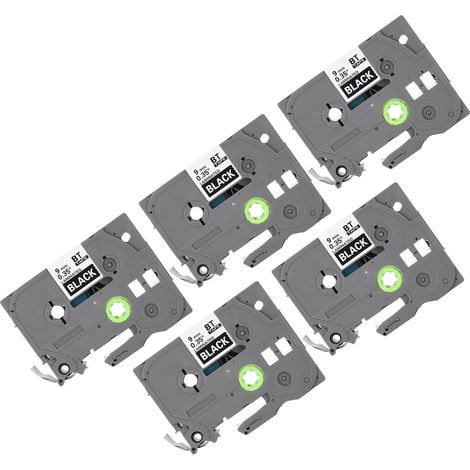 Lot de 5 rubans pour étiqueteuses 9 mm, laminés, imperméables et résistants à la décoloration, multi-usages, compatibles avec les modèles PT D210, PT D200, PT H110 et PT D400, blanc sur noir (Bze 325) (1/4)