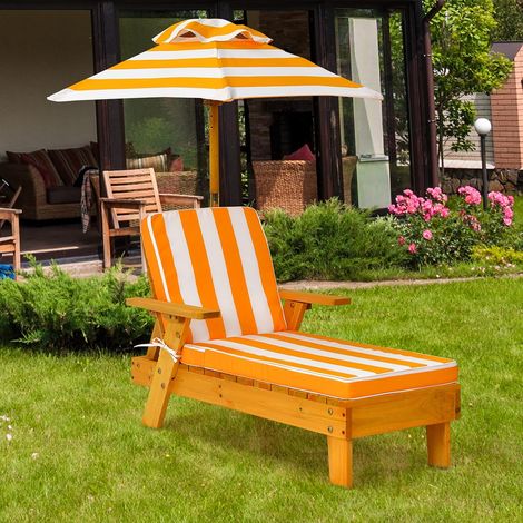 COSTWAY Kinder Sonnenliege mit Sonnenschirm, Kinderliege Holz, Gartenliege, bis 50kg, Strandliege Holzliege, Kinderstuhl mit Kissen 92x49x106cm (1/5)
