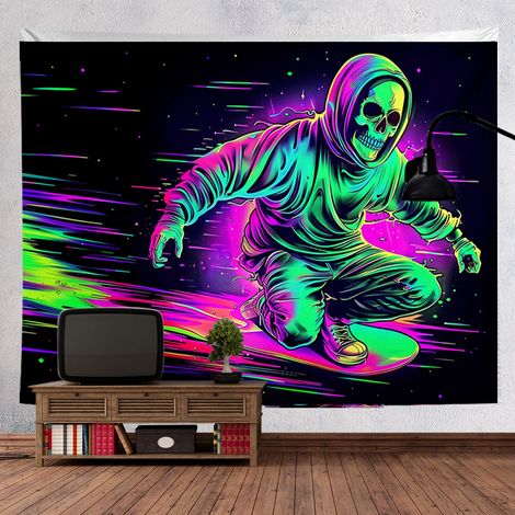 Hintergrundstoff im angesagten Stil, fluoreszierender Wandteppich in leuchtenden Farben, Totenkopf-Motiv, Halloween-Hängedekoration, 150 x 100 cm