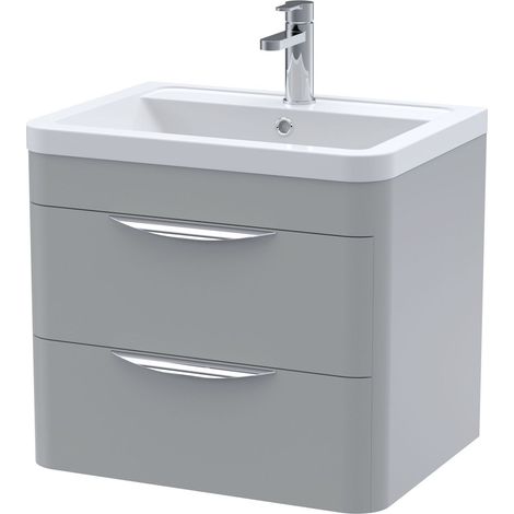Aldershawe Contemporary Wall Hung 2 Drawer Vanity Basin Unit, Ceramic Basin, 600mm, Satin Grey (1/4)