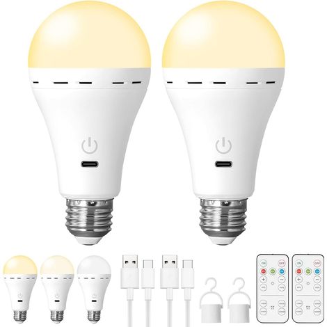 Two-pack of rechargeable light bulbs with remote control, battery-powered E26 wireless bulbs that can be used wirelessly without a power source, smart LED bulbs (1/5)