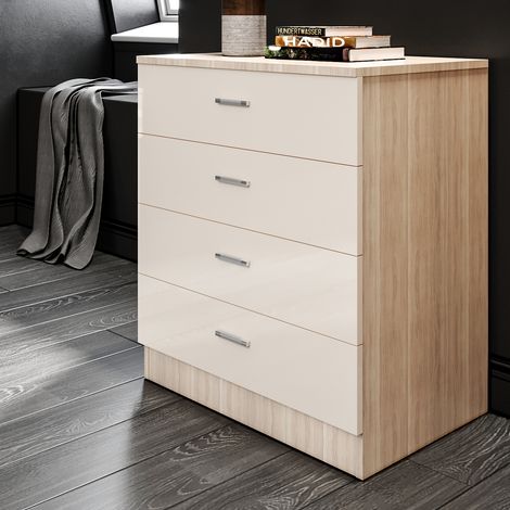ELEGANT High Gloss 4 Spacious Drawer Chest with Metal Handles for Bedroom or Home Storage Organizer, Cream/Oak (1/5)