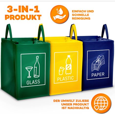Tresko – Lot de 3 sacs de tri sélectif 45L – Poignée stable – Tissu plastique durable – Pour verre, papier et plastique