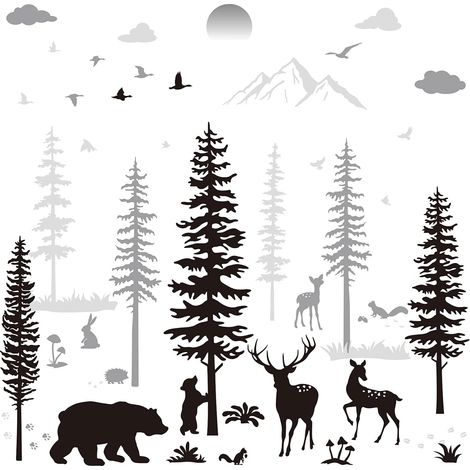 BEBUSINGOTO Pegatinas de pared para habitación infantil, diseño de ciervos del bosque, oso, pino y papel pintado mural para habitación infantil, vinilos extraíbles. (1/5)