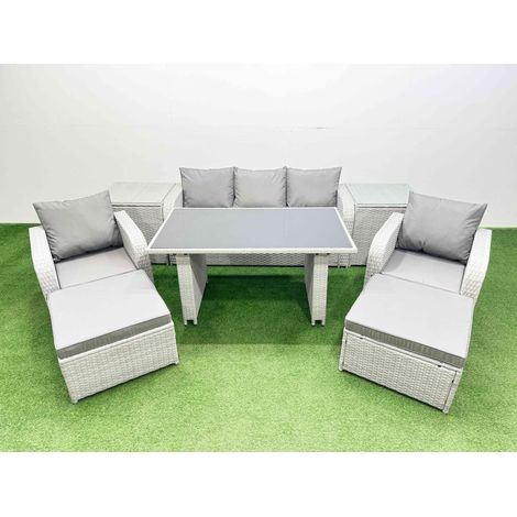 Fimous Outdoor Rattan Garden Furniture Dining Set 7-seater Patio Rectangular Table 3 Seater Sofa Reclining Chair Set with 2 Side Tables 2 Big Stools (1/4)