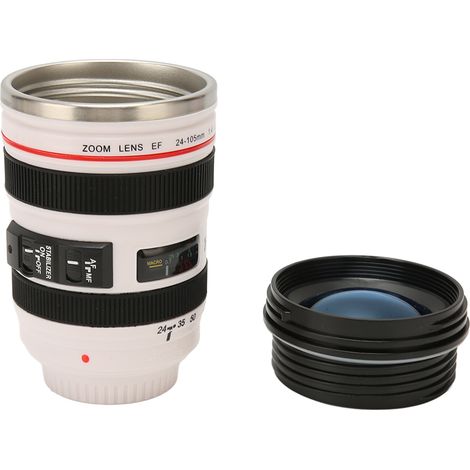 Mug isotherme en acier inoxydable ABS, motif objectif appareil photo, idéal pour la maison, les voyages et le bureau. Noir et blanc. (1/5)