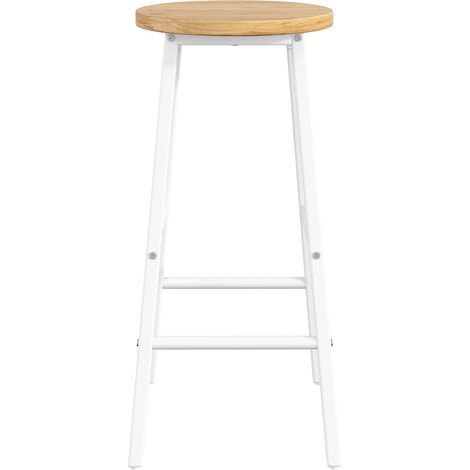 CHICFURN Set de 2 taburetes de bar con asiento efecto madera, estructura de metal blanca, 63 cm, reposapiés dobles y patas regulables para cocina y barra (1/5)