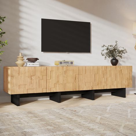Meuble TV Bas 180 cm en MDF et Panneaux Particules, 4 Portes Push to Open, Façade Effet 3D Wafflé, Rangement Salon pour TV 75 Pouces - Bois Naturel (1/5)