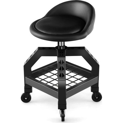 COSTWAY Tabouret d'Atelier Roulant Réglable en Hauteur 66,6-79,5 cm, Siège de Mécanicien avec Plateau à Outils 4 Roues Universelles Charge 150 kg, pour Garage Atelier (Noir)