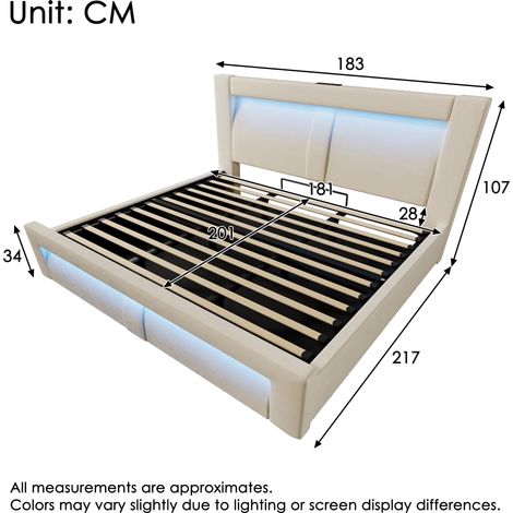Lit double 180x200 cm avec rangement, sommier hydraulique, éclairage LED contrôlable par application, ports de chargement USB et Type-C, revêtement en velours, tête de lit incurvée, beige, sans matela (1/4)