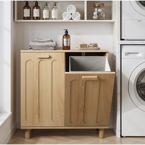 Wäscheschrank aus MDF in Eiche 66 x 35 x 67 cm mit 2 herausnehmbaren, kippbaren Wäschekörben (1/5)