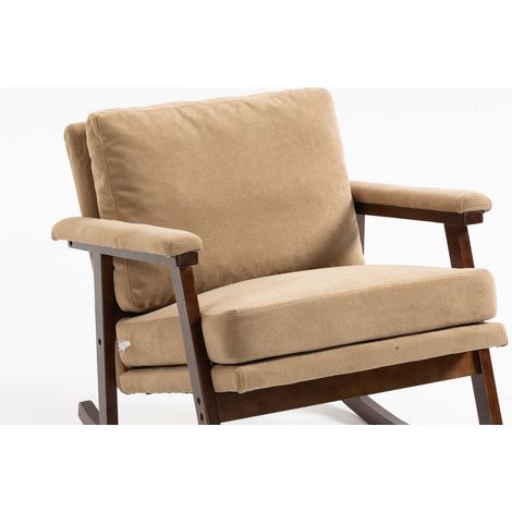 Sillón mecedora estilo mid-century en terciopelo marrón claro con estructura de madera (1/5)