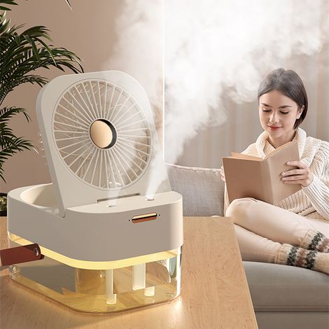 Ventilateur de bureau humidificateur avec mini-ventilateur et veilleuse d'ambiance, blanc. (1/5)