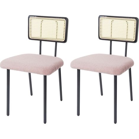 Juego de 2 Silla de comedor HHG-707, Sillón Silla, Madera Poly Rattan Metal Bouclé, Tela/Textil rosa