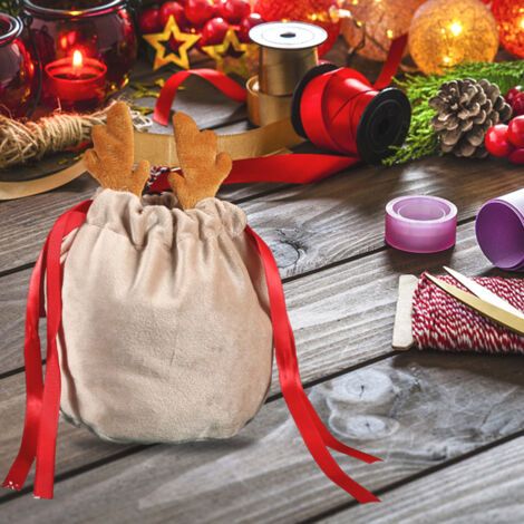 RHG Sac à cordon de Noël, sac cadeau en bois de cerf, pochette d'emballage pour décorations de Noël (1/5)