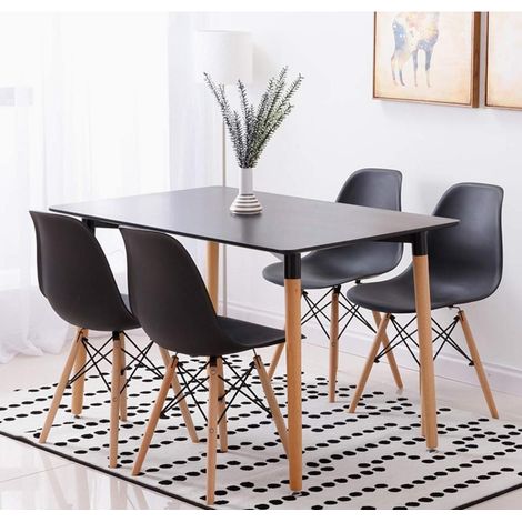 ORION91 Conjunto Mesa 110x80x76cm + 4 Sillas ORION91 Polipropileno Color Negro  y Patas en Madera Haya 46,5 x 48 x 82 cm Comedor Oficina Salón Teletrabajo Cocina - SpazioLuzio