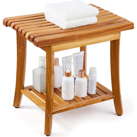VEVOR Panca per Doccia in Teak 500 x 363 x 455 mm Sgabello per Doccia in Legno Impermeabile con Ripiano Portaoggetti, Poggiapiedi Antiscivolo, Capacita di 180 kg per Bagno per Uso Interno Esterno (1/5)