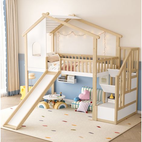 Cama alta infantil 90x200 cm con tobogán y almacenaje, natural y blanco HAVRYA (1/5)