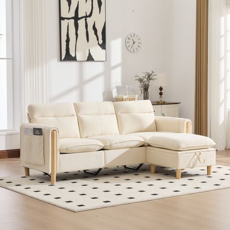 Sofá esquinero de 3 plazas en chenilla beige con puf de almacenaje y bolsillos laterales OKWISH (1/5)