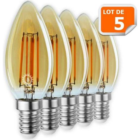 Lot de 5 Ampoules Led Flamme Filament Doré 4 watt (éq. 42 Watt) Culot E14 (1/3)