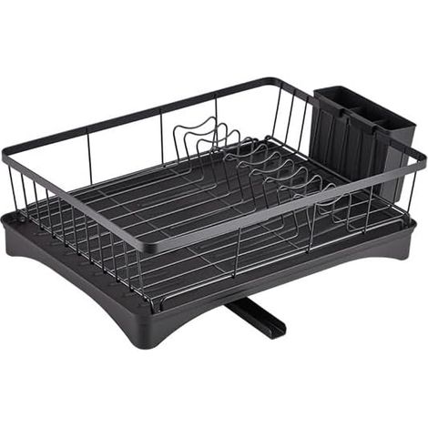Égouttoir à vaisselle en métal revêtu de noir avec bac d'égouttage extensible et porte-couverts séparé, dimensions 42×30×13 cm, support de cuisine multifonctionnel pour assiettes, verres et couverts (1/4)