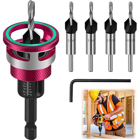 Jeu de 6 forets à fraiser, foret à bois à fraiser avec butée de profondeur, précision de perçage de ± 0,02 mm, pour le travail du bois, en HSS-M2,avec tige hexagonale de 1/4 pouce