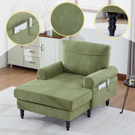 Moderner minimalistischer Chenille-Stoff-Liegestuhl/Einzelsofa für Wohnzimmer und Schlafzimmer Holzsofa-Beine mit bequemer Rückenlehne und Armlehnen Seitentaschen zur Aufbewahrung(Olivgrün Chenille)