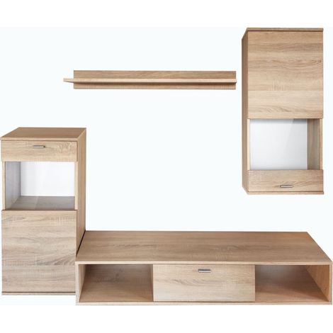 Ensemble meuble TV mural Rico avec vitrine - Bois MDF chêne Sonoma - 185 x 140 x 38 cm - Livraison gratuite (1/3)