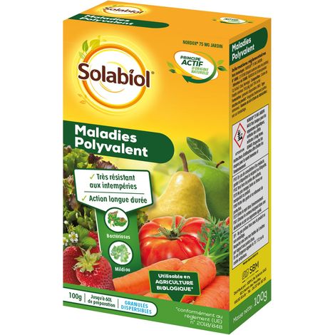 Insecticide biologique SONOMAL100 – Cuivre 750g/kg – Action longue durée – Pour maladies du potager – 100g pour 60L de solution – Solabiol