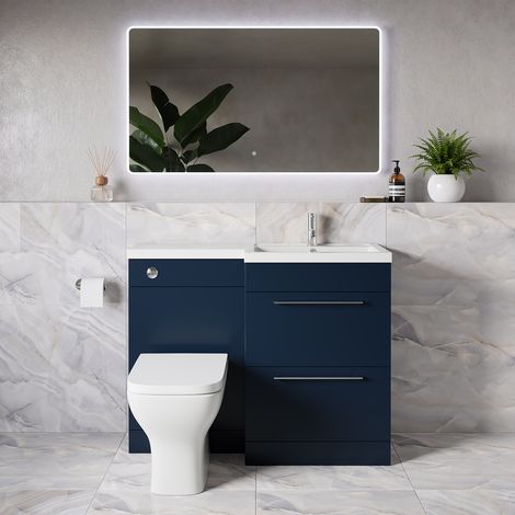 Napoli 390 Deep Blue 1100mm 2 Drawer Vanity Unit Toilet Suite with Square Right Hand Lucia Basin - 1100mm - Chrome 320mm HandleWith Kingston Toilet Pan and Seat