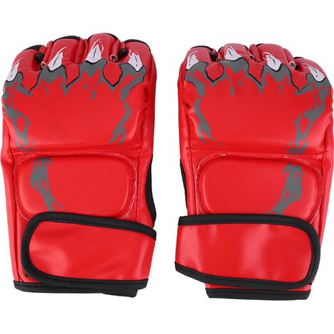 Gants de boxe en cuir PU pour adultes, mitaines demi-doigts, entraînement de sparring et de frappe (rouge) (1/5)