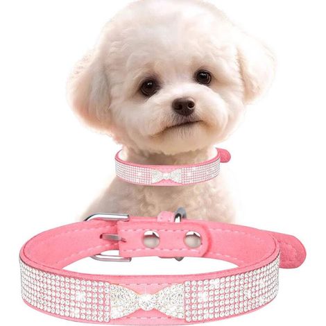 Collier rose pour chien XXS, orné de strass et d'un joli nœud collier pour chat en cristal scintillant (1/5)