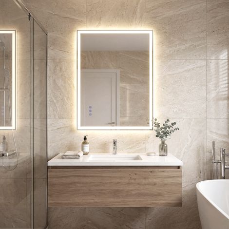 Songmics – Miroir lumineux de salle de bain 50,7 x 70,7 cm – Anti-buée – Éclairage LED ajustable – Verre trempé blanc